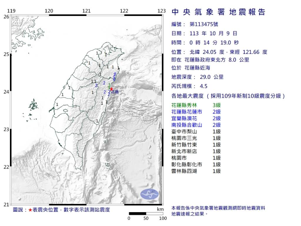 花蓮地震規模4.5 最大震度3級