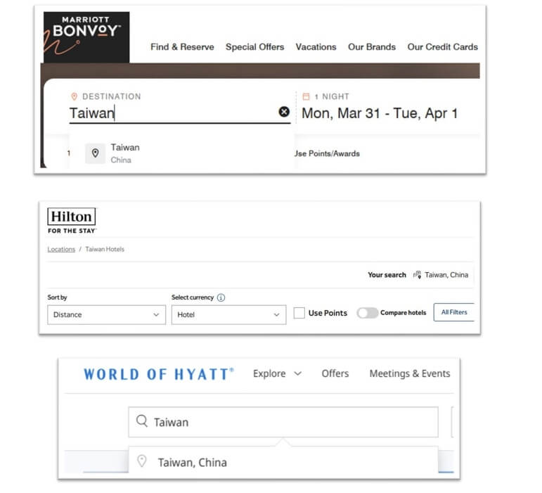美議員怒批「中國台灣」用法 要求希爾頓、萬豪、凱悅改正名稱標示
