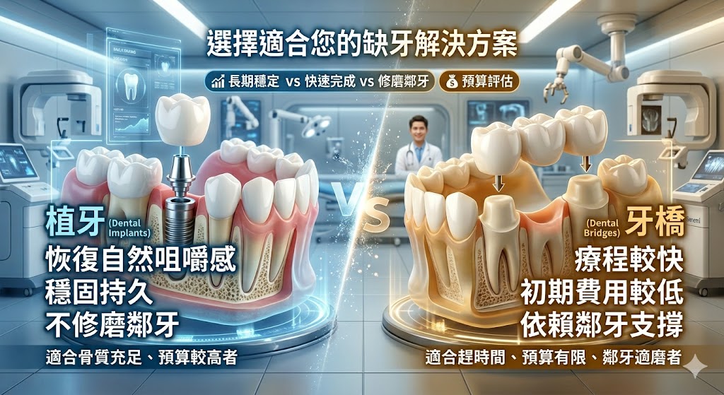植牙是常見的缺牙重建方式，適合希望恢復咀嚼功能、維持固定感並降低鄰牙修磨需求的人。本文整理植牙與牙橋的差異，包含治療方式、費用、療程時間、適合族群與常見缺點，幫助正在評估缺牙治療的人快速判斷方向。若你正在比較植牙方案，建議先了解骨質條件、牙周狀況、牙冠材質與後續保養需求，再由牙醫師評估適合的治療方式，避免只看價格而忽略長期穩定性。