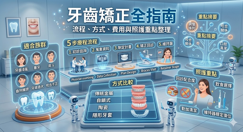 牙齒矯正不只是讓牙齒排列更整齊，也關係到咬合、清潔、咀嚼與長期口腔照護。本文整理牙齒矯正適合對象、常見矯正方式、療程流程、費用判斷、清潔照護與維持器重點，幫助想做牙齒矯正的人在諮詢前先建立正確觀念，了解傳統矯正、隱形牙套與自鎖式矯正的差異，並避開只看價格、忽略牙周健康或沒有配戴維持器等常見錯誤。